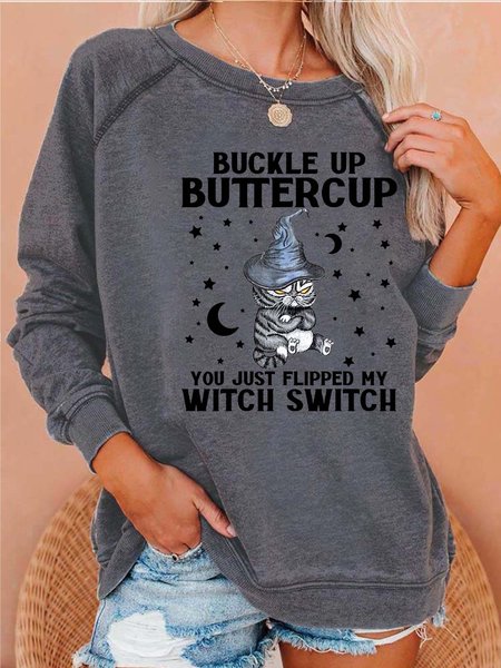 

Women Butter Cup Black Cat Witch Star Moon Casual Loose Sweatshirt, Gray, Hoodies&Sweatshirts