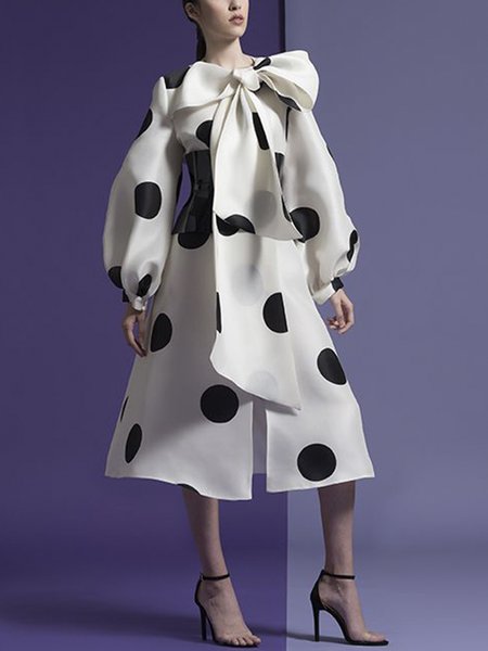 

Elegant Regular Fit Polka Dots Midi Dress, Black-white, Midi Dresses