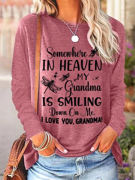 

Women Funny Dragonflies Somewhere In Heaven My Grandma Is Smiling Down On Me Long Sleeve Top, Red, Long sleeves