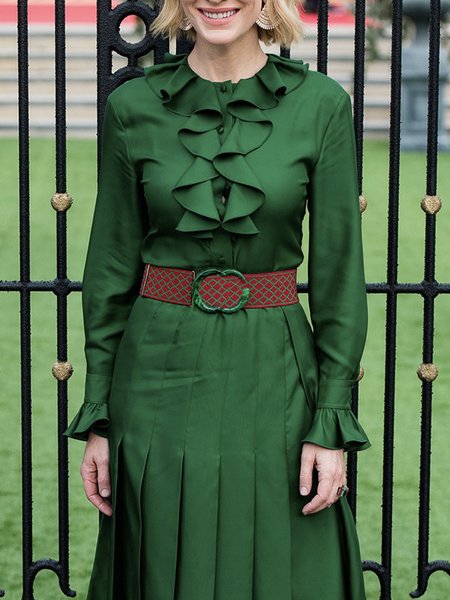 

Regular Fit Ruffled Sleeves Plain Elegant Blouse, Green, Blouses and Shirts