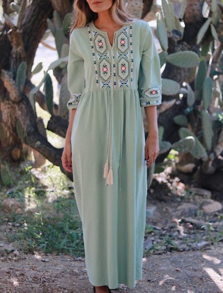 

Casual Ethnic Floral Design Loose Dress, Aqua, Maxi Dresses
