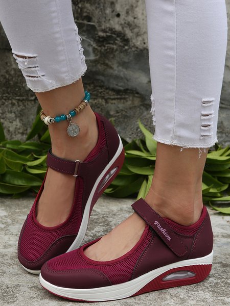 

Breathable Mesh Panel Velcro Walking Sneakers, Wine red, Sneakers
