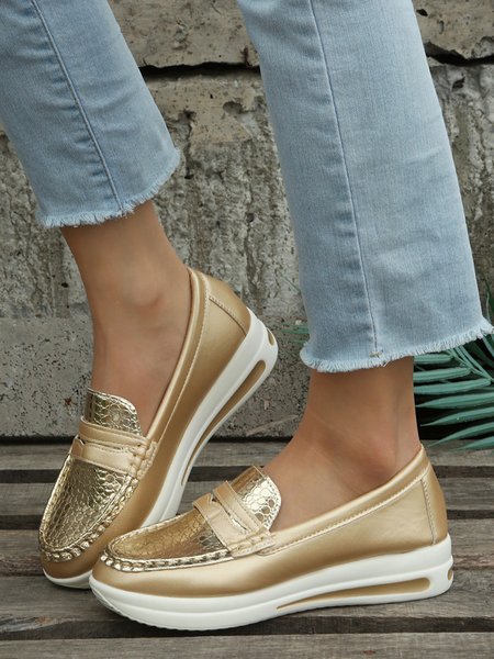 Lizard Snake Print Contrast Patent Leather Panel Loafers, Golden, Flats & Loafers