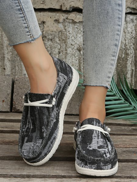 Patched Distressed Casual Denim Flats, Black, Flats