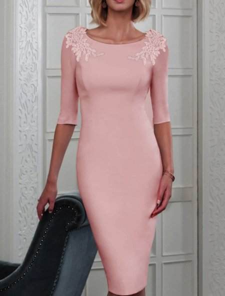 

Elegant Plain Waist Lace Patchwork Crew Neck Prom Dress, Pink, Dresses