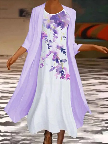 

Women's Jersey Floral Pattern Daily Going Out Two Piece Set Three Quarter Sleeve Casual Spring/Fall Coat With Skirt Matching Set, Purple, Casual Dresses