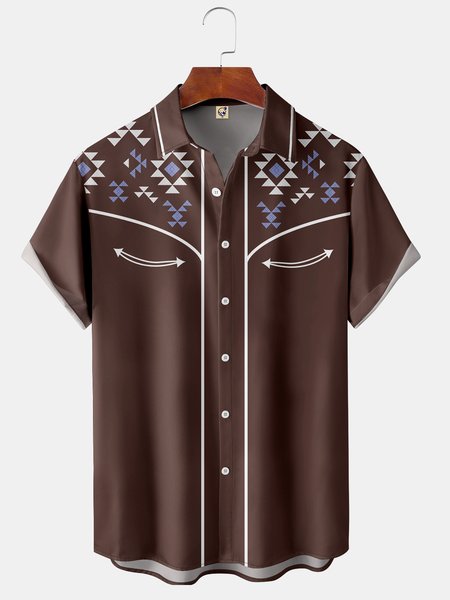 

Mens Retro Cowboy Print Front Buttons Soft Breathable Fake Pocket Casual Western Shirts, Brown, Short Sleeve Shirts