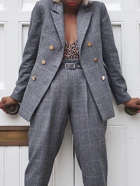 

Plaid Lapel Collar Work Urban Long Sleeve Blazer, Gray, Blazers
