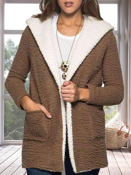

Plain color hooded Plush warm coat splicing contrast color medium length plus size, Camel, Outerwear
