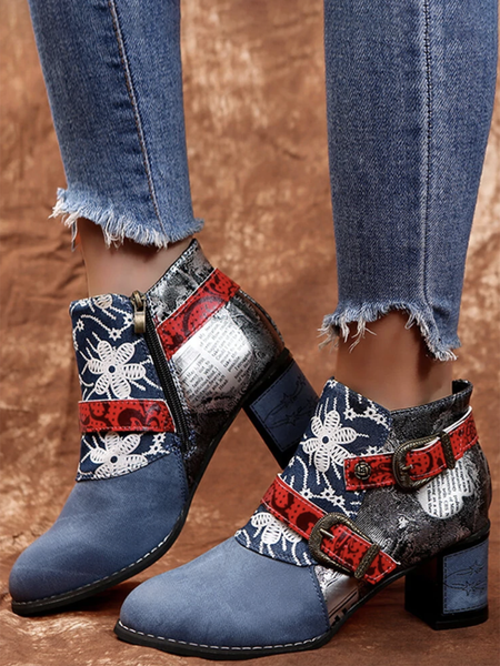 

Retro Ethnic Pointed Toe Chunky Heel Booties, Deep blue, Boots