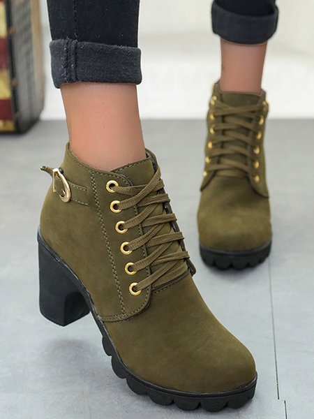 

High Chunky Heel Platform Side Zip Belt Buckle Martin Shoes, Army green, Boots