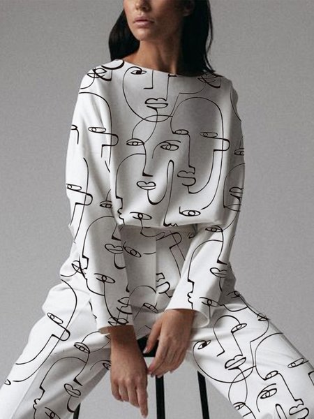 

Urban Abstract Loose Long Sleeve Blouse, Black-white, Tops