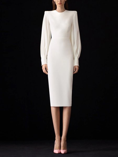 

Elegant Plain Tight Crew Neck Long Sleeve Midi Dress, White, Midi Dresses