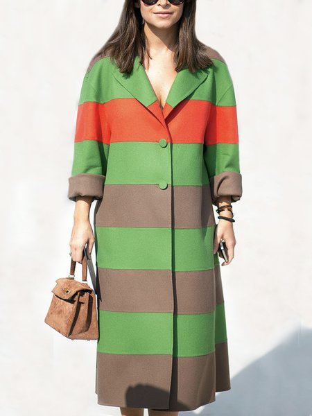 

Loose Urban Long Sleeve Striped Overcoat, Green, Coats