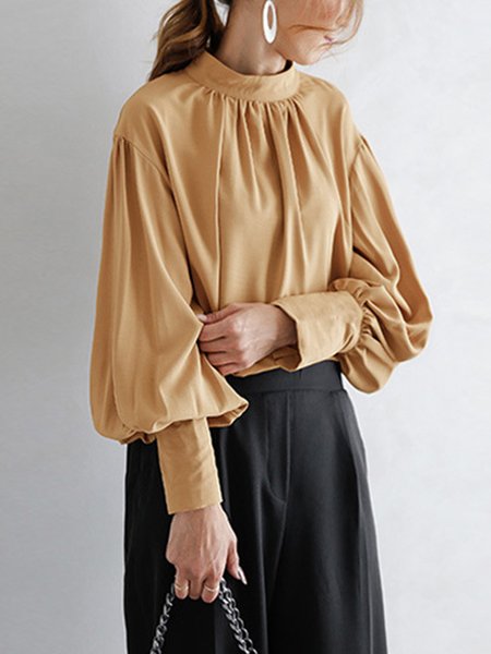 

Urban Lantern Sleeve Stand Collar Plain Loose Blouse, Khaki, Blouses and Shirts