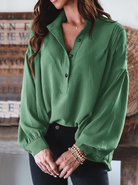 

Plain button half open loose shirt plus size, Green, Shirts & Blouses