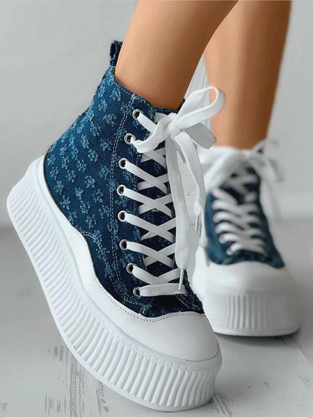 

Denim Casual Lace-Up Platform Sneakers, Blue, Creepers & Wedges