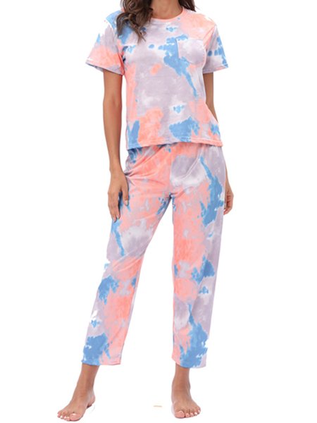 

Tie Dye Homewear Pajamas Two Piece Short Sleeve Pants, Color2, Loungewear & Sleepwear