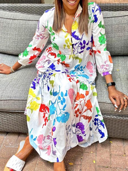 

Daily Floral Printed Long Sleeve Shirt Dress, White, Midi Dresses