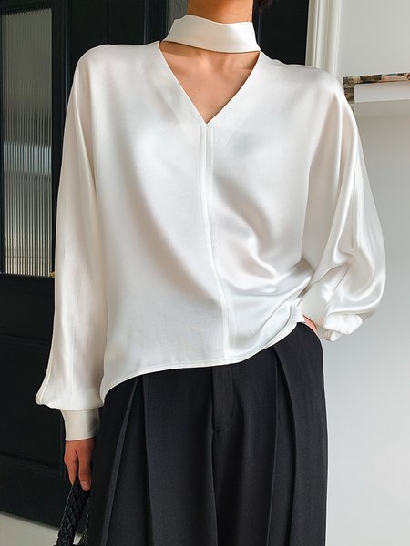 

Daily Long sleeve Plain Stand Collar Satin Blouse, White, Blouses and Shirts