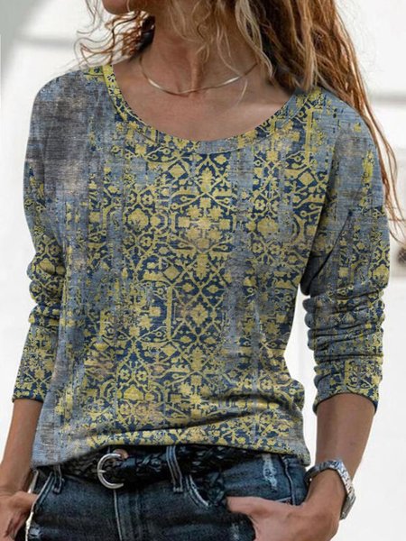 

Crew Neck Vintage Ethnic Top, Multicolor, T-Shirts