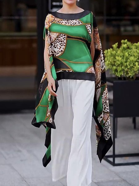 

Boat Neck Loose Leopard Blouse, Green, Blouses and Shirts