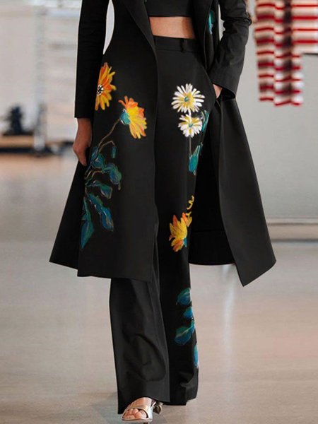 

Floral Printed Urban Fashion Straight Pants, Black, Pants