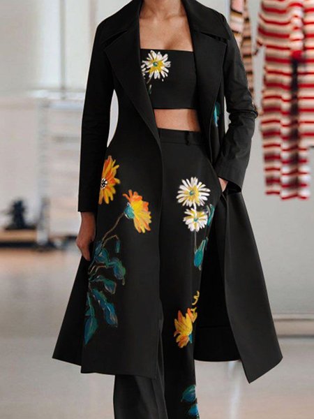 

Urban Floral Printed Long Sleeve Lapel Collar Overcoat, Black, Coats