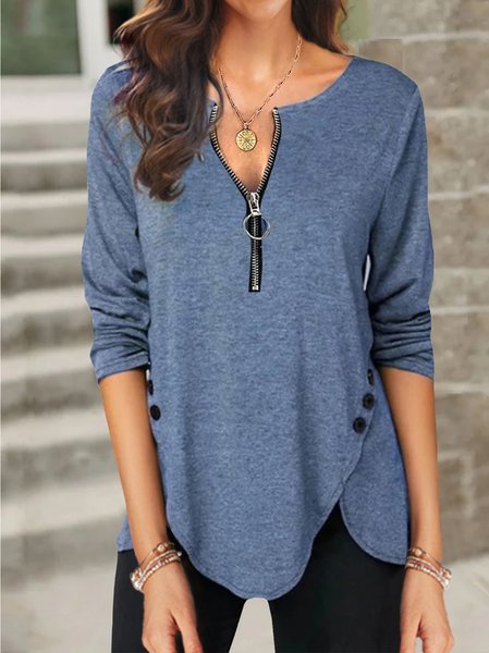 

JFN V Neck Solid Zipper Basic Tunic Tops, Blue, Long sleeve tops
