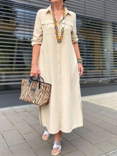 

Shawl Collar Casual Shirt Dresses, Apricot, Maxi Dresses