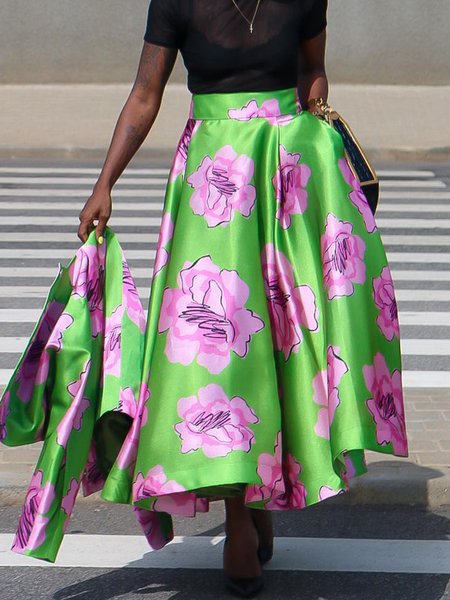 

Elegant Floral Printed Pockets Umbrella Skirt, Green, Skirts