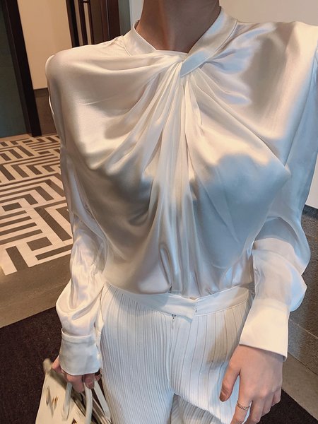 

White Daily Long sleeve Regular Fit Satin Blouse, Blouses and Shirts