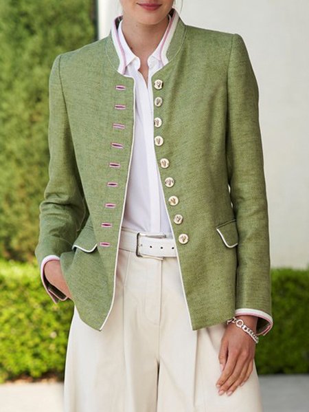 

Stand Collar Plain Linen Jacket, Green, Outerwear