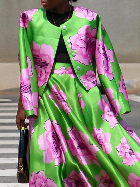 

Elegant Crew Neck Floral Printed Long Sleeve Jacket, Green, Jackets