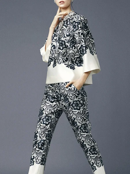 

Three Quarter Sleeve Elegant Crew Neck Floral Blouse, Apricot, Blouses and Shirts