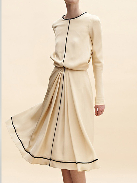 

High Elasticity Urban Loose Color Block Crew Neck Long sleeve Dresses, Apricot, Midi Dresses