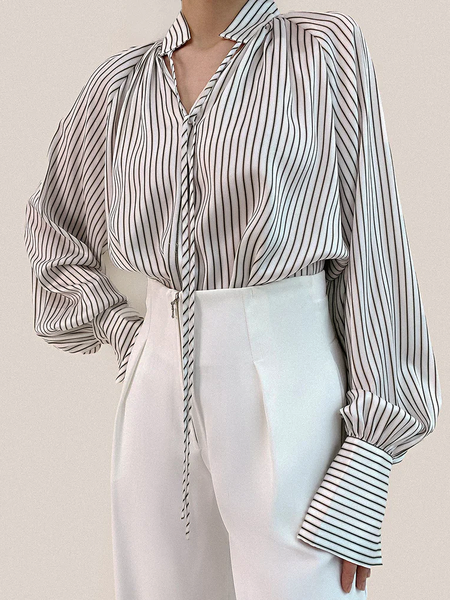 

Loose Stand Collar Long sleeve Urban H-Line Blouse, Stripe, Blouses and Shirts