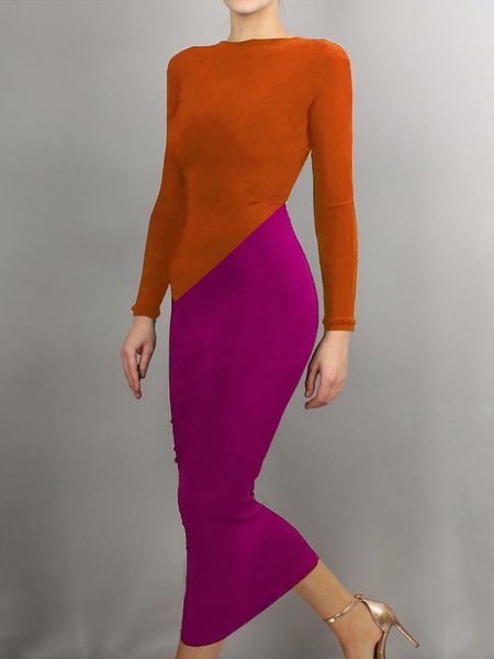 

Rose Red Long sleeve Simple Color Block Regular Fit Dress, Midi Dresses