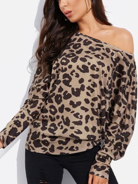 

Leopard Coffee Long sleeve Cold Shoulder Regular Fit T-Shirt, Tees