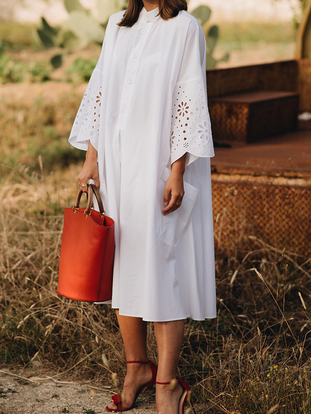 

Stand Collar Simple Loose Stand Collar Three Quarter Dresses, White, Midi Dresses
