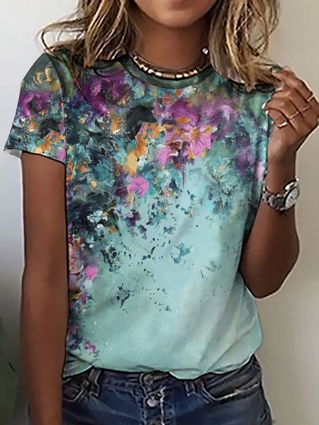 

Women Large Format Flowers Pattern Loose Casual Cotton-Blend T-Shirt, As picture, T-shirts