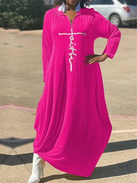 

Loose Shirt Collar Text Letters Long sleeve Dresses, Rose red, Maxi Dresses