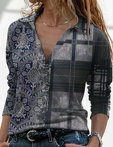 

Loose Ethnic Shawl Collar Top, Multicolor, T-Shirts