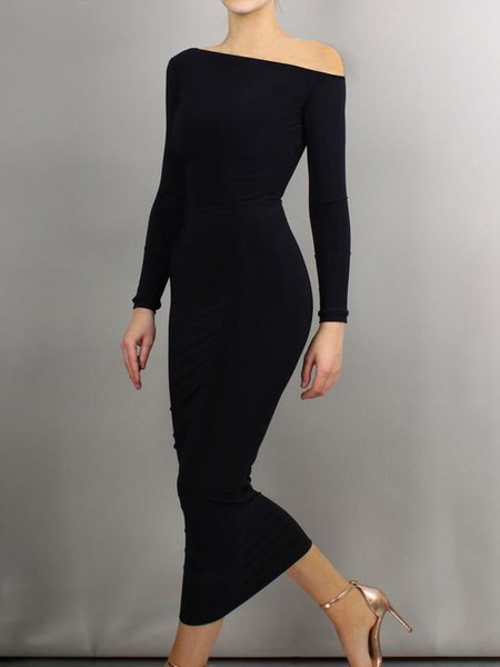 

Daily Long sleeve Plain Regular Fit Cold Shoulder Dress, Black, Midi Dresses
