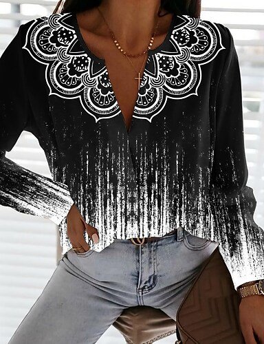 

Mandala Ombre Casual V Neck Blouse, Black-white, Shirts & Blouses