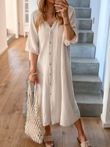 

JFN Shirt Collar Casual Plain Autumn Loose Midi Three Quarter Collared Shirt Dress, Beige, Dresses