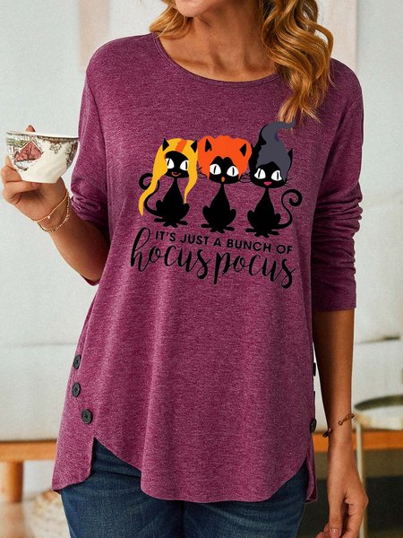 

Women's Halloween Black Cat Witch Hocus Pocus Loose Cotton Crew Neck Long Sleeve Top, Red, Long sleeves