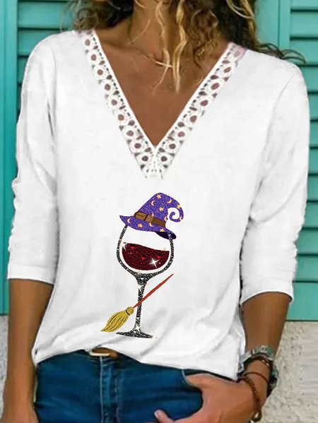 

Halloween Lace V Neck Casual Long sleeve T-Shirt, White, T-Shirts