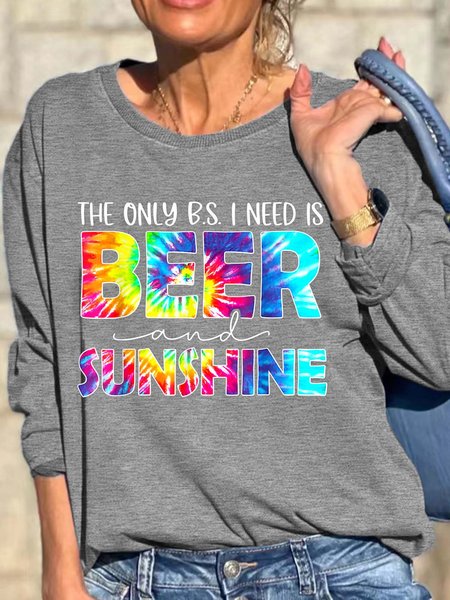 

Women I Need Is Beer And Sunshine Casual Crew Neck Loose Sweatshirt, Gray, Hoodies&Sweatshirts