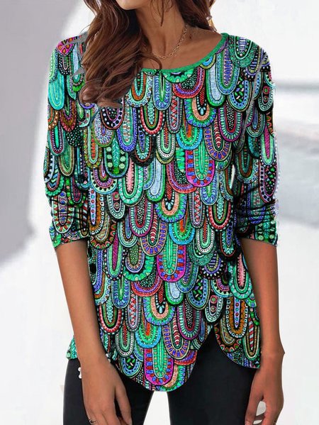 

JFN Crew Neck Casual Geometric Allover Print Knit Long Sleeve Top, Green, Shirts & Blouses